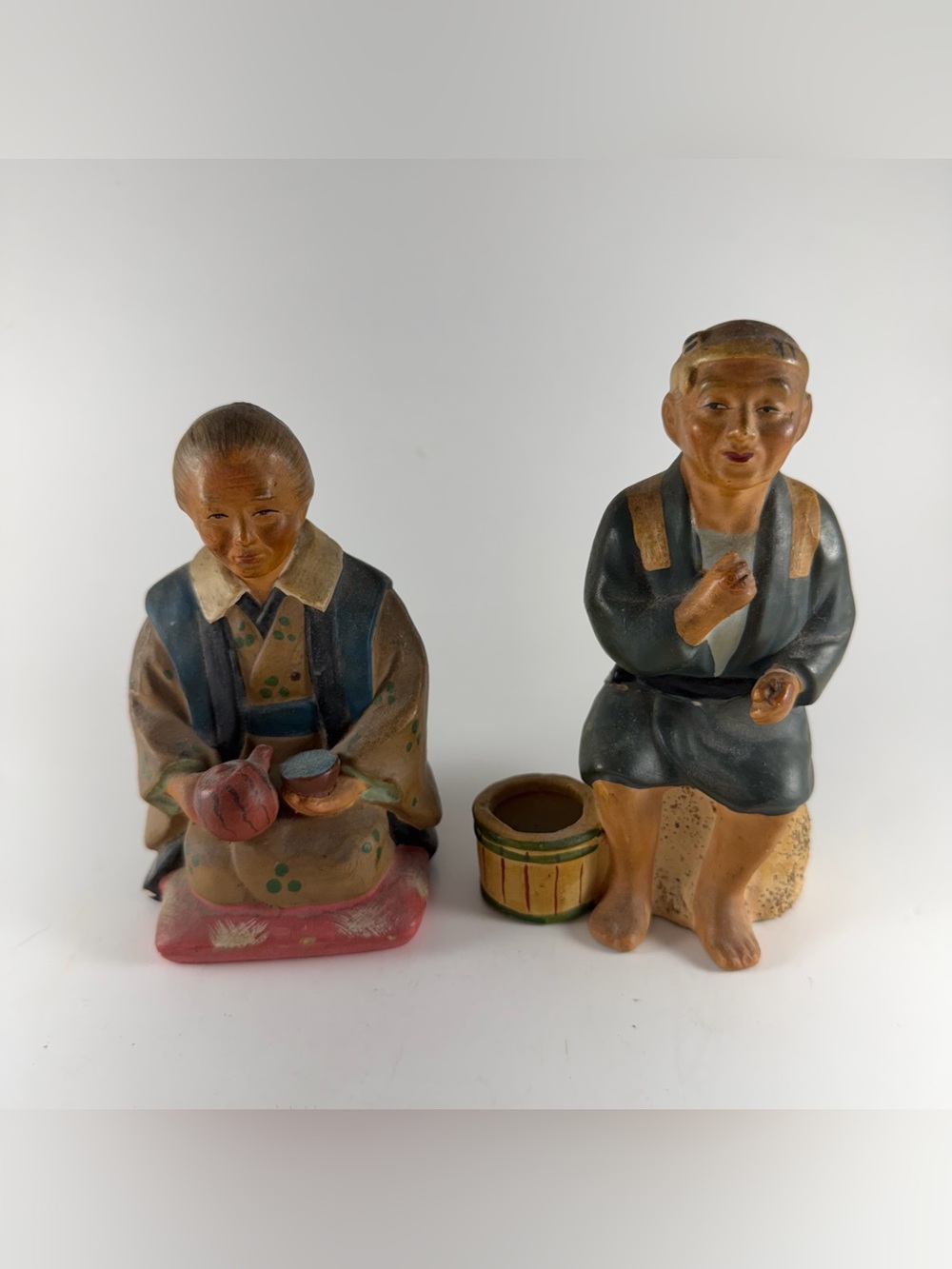 Vintage Japanese Hakata Style Clay Figurines Man Woman Fisherman Pair AS IS